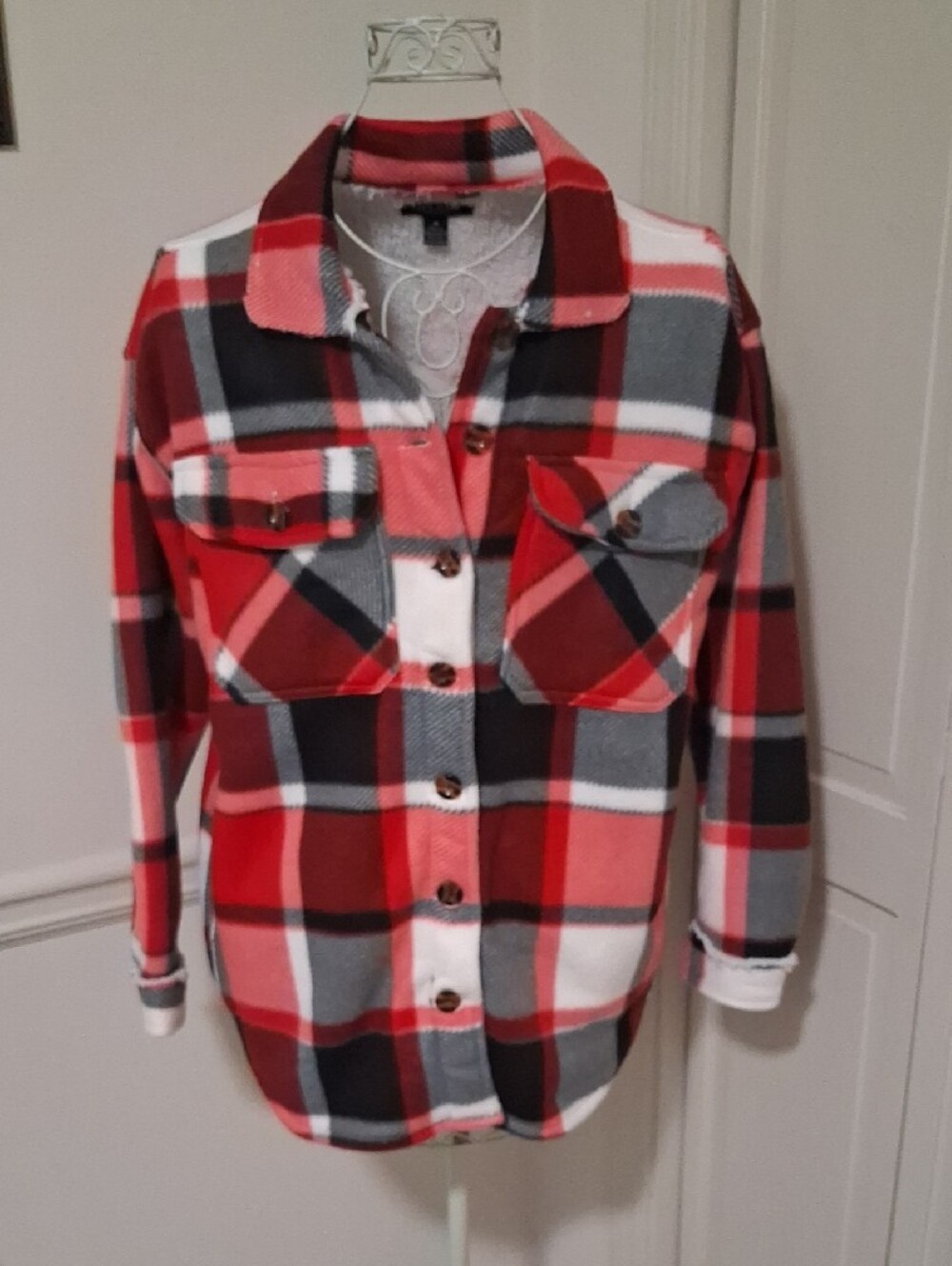 Helium London Sherpa-Lined Plaid Shacket in Red, Black & White - Picture 4 of 8